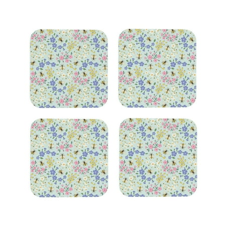 

Yiaed Honey Bees And Flowers Print Leather Coasters for Drinks - Cup Coasters Coffee Table Kitchen Table Bar Home & Office Gifts Handmade Drink Coasters-Square