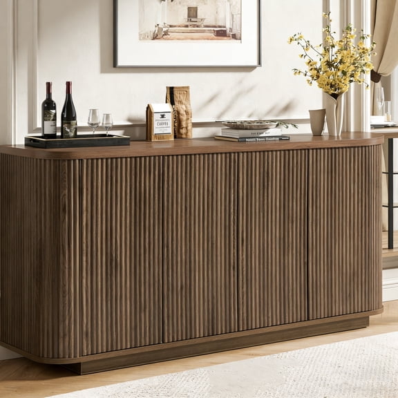 BFJDM 64" Modern Fluted Buffet Cabinet with Storage, Walnut 31.5" H for Living Room