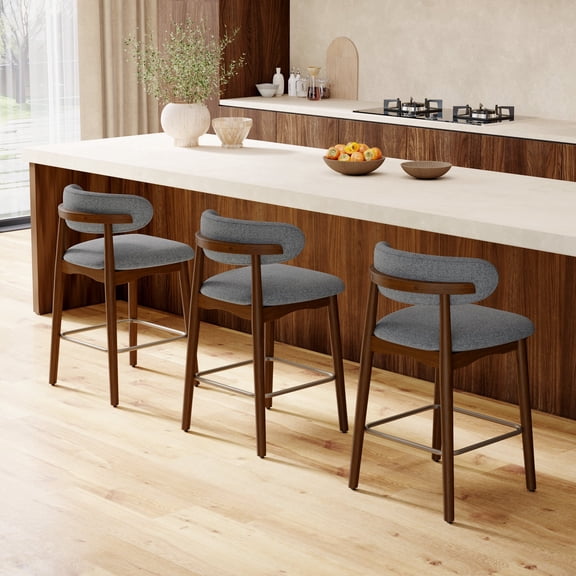 Bar Stools Set of 3, Grey Linen Upholstered with Curved Backrest and Solid Wood Frame, 350 lbs Capacity for Kitchen Island