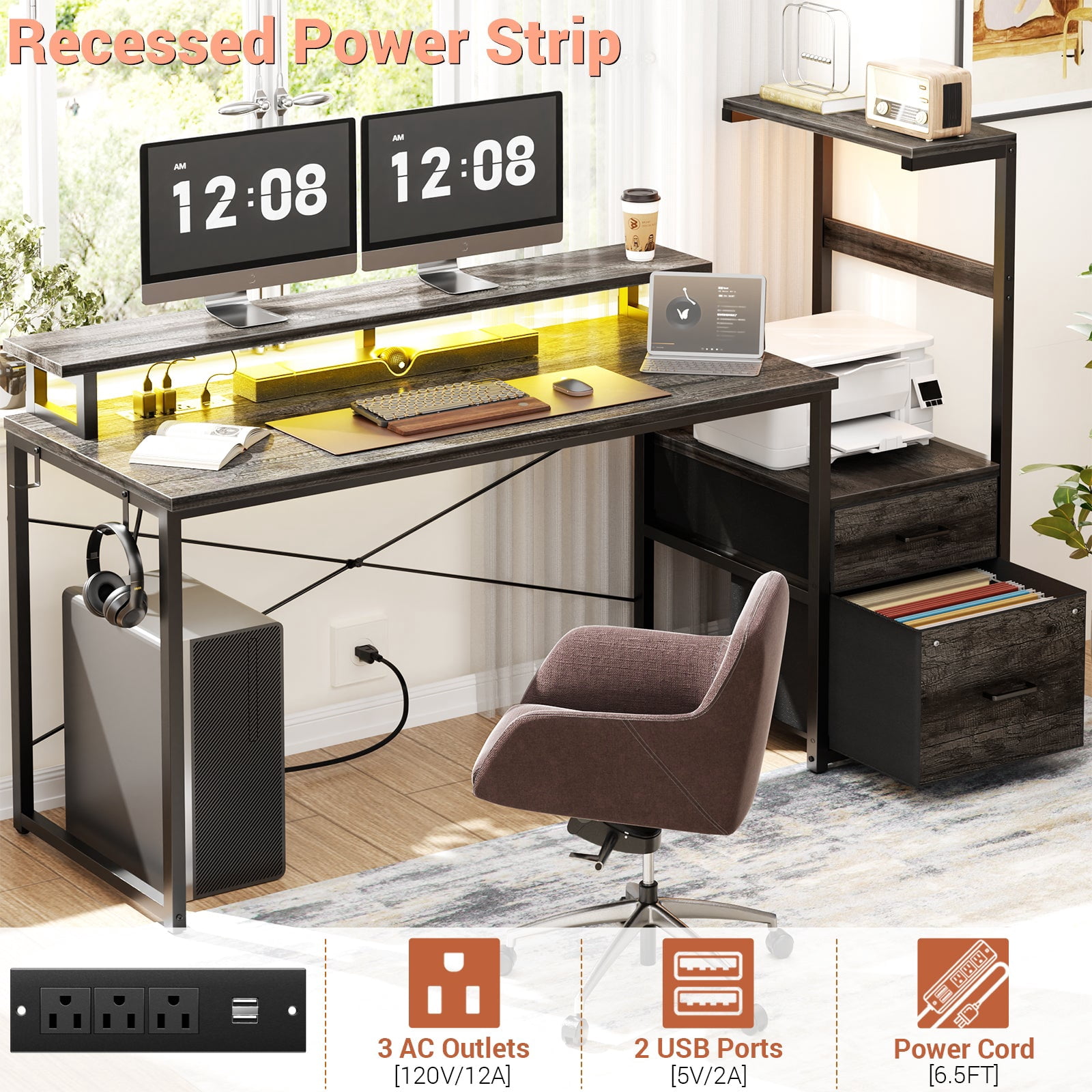 Homieasy Gaming Desk with LED Light Strip and Power Outlet, 59 Inch Reversible Computer Gaming Desk with Monitor Stand & Drawers, Black Oak