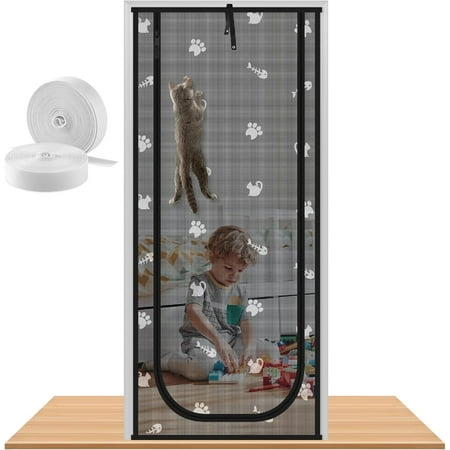 Reinforced Cat Screen Door, Fits Door Size 32" x 80", Pets Proof Screen Door with Zipper Closure, Durable Cat Resistant Screen Door Mesh for Living Room, Bedroom, Black