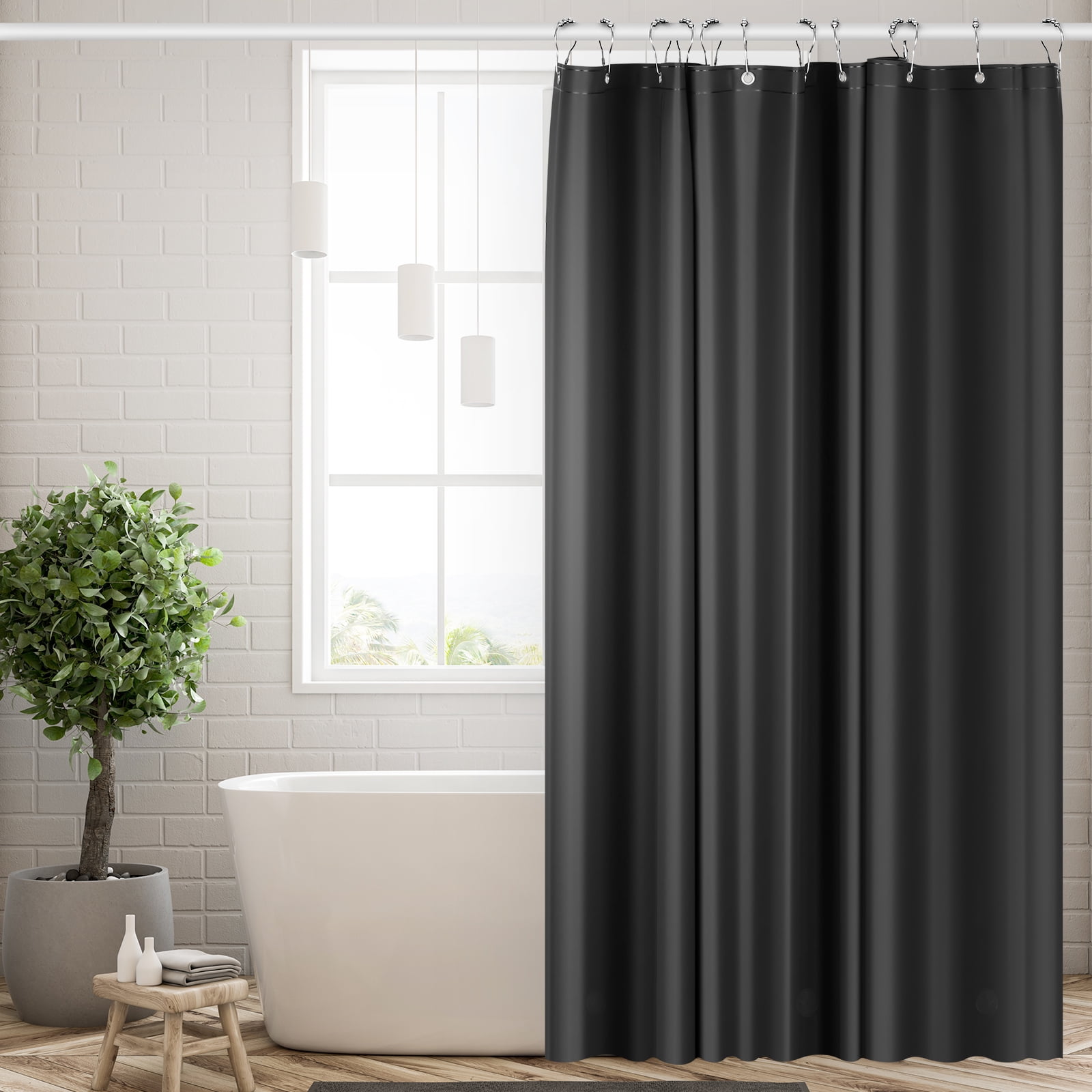 Black Shower Curtain Liner with 12 Hooks Light Weight PEVA Shower Liner