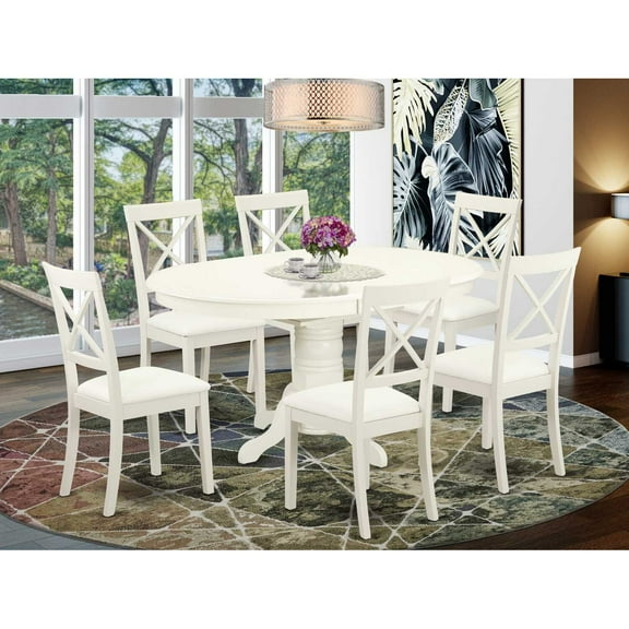 East West Furniture Avon 7-piece Wood Dining Set with Leather Chairs in White