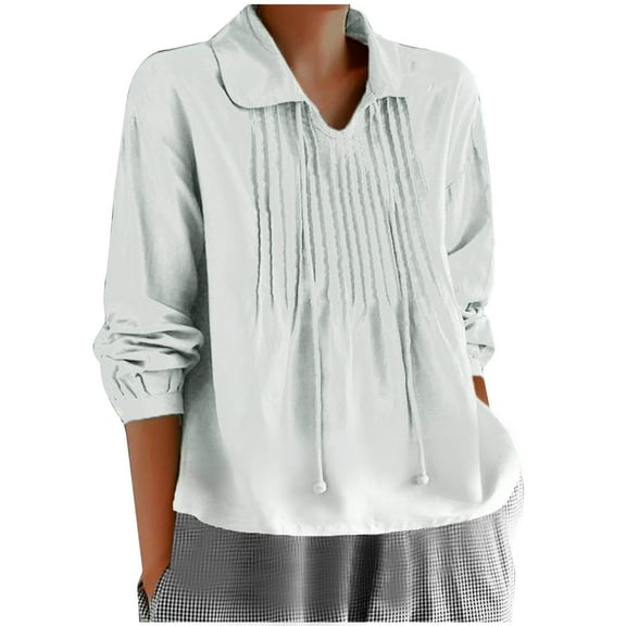 Jewelreauty Women Long Sleeve Pleated Shirts Lapel V Neck Drawstring Casual Tops Cotton Linen Loose Blouses (S, White)