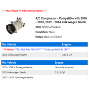 A/C Compressor - Compatible with 2006 - 2010, 2012 - 2014 Volkswagen Beetle 2007 2008 2009 2013