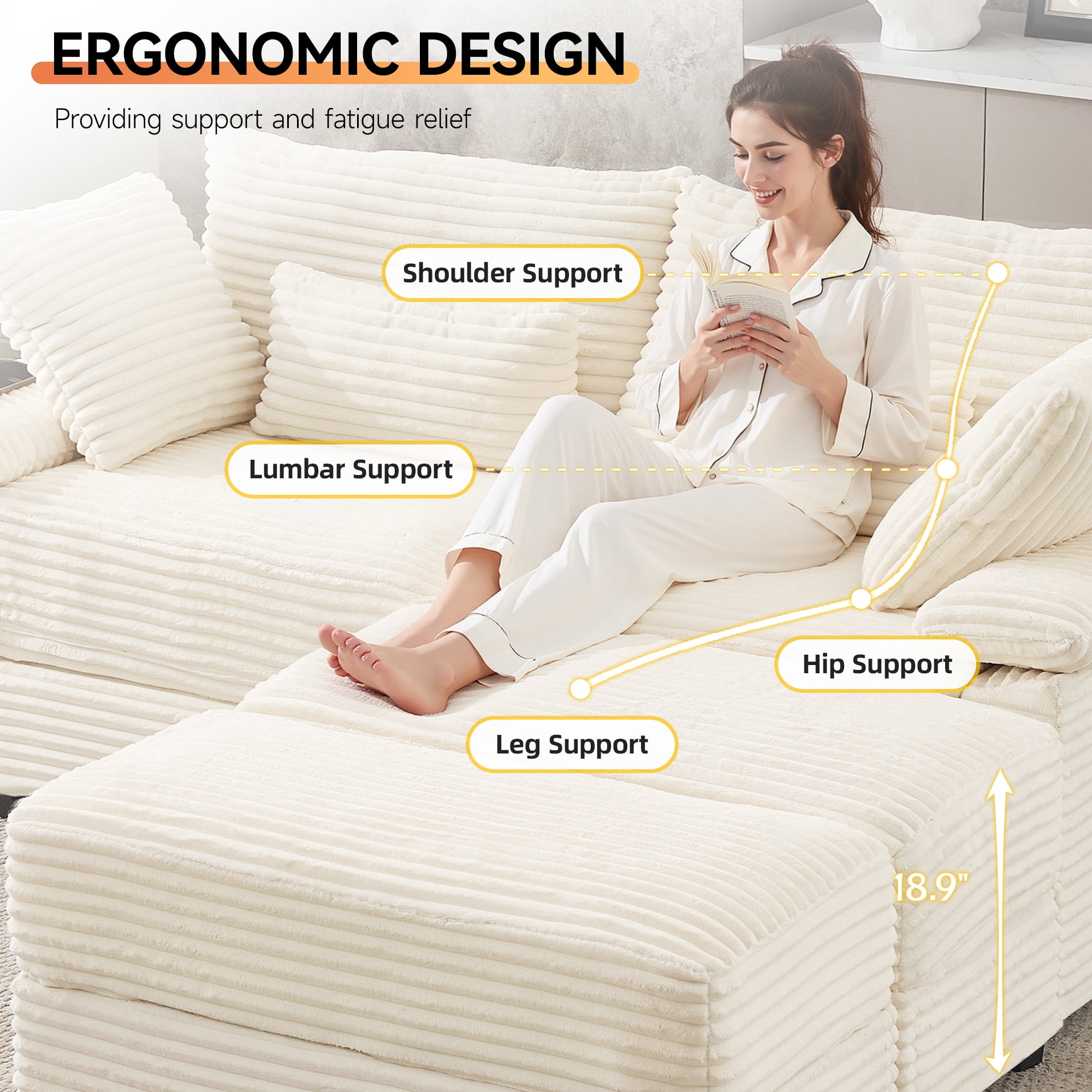 Corduroy Upholstered Sofa for Living Room,Modern Deep Seat Comfy Loveseat Couch with 2 Ottomans,Beige