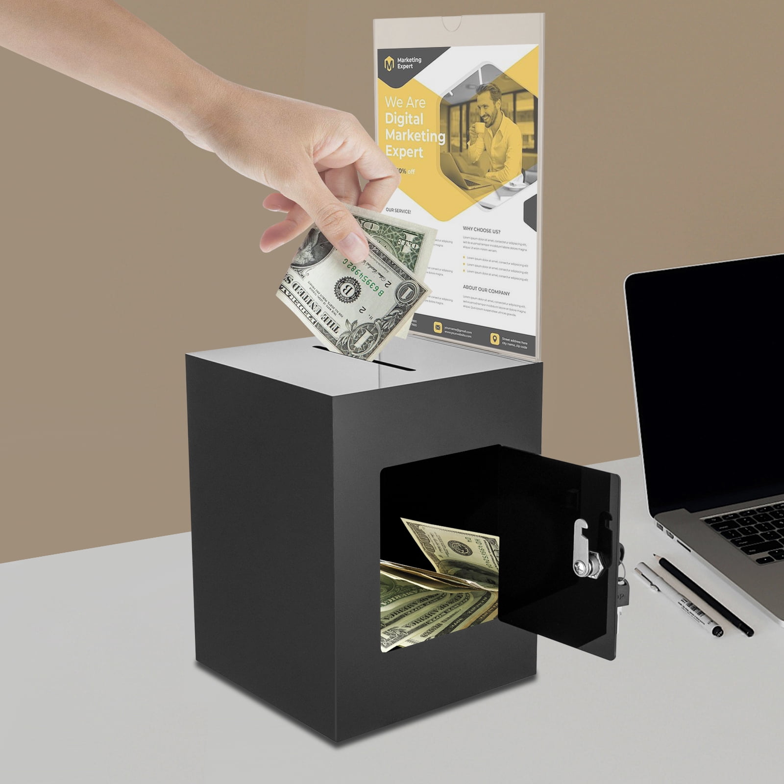 Acrylic Charity Donation Ballot Box Acrylic Suggestion Box with Lock and Sign Plate,Fundraising Coin collection Tip Box with 2 Keys, 11" H x 8.5" W x 8.5"L
