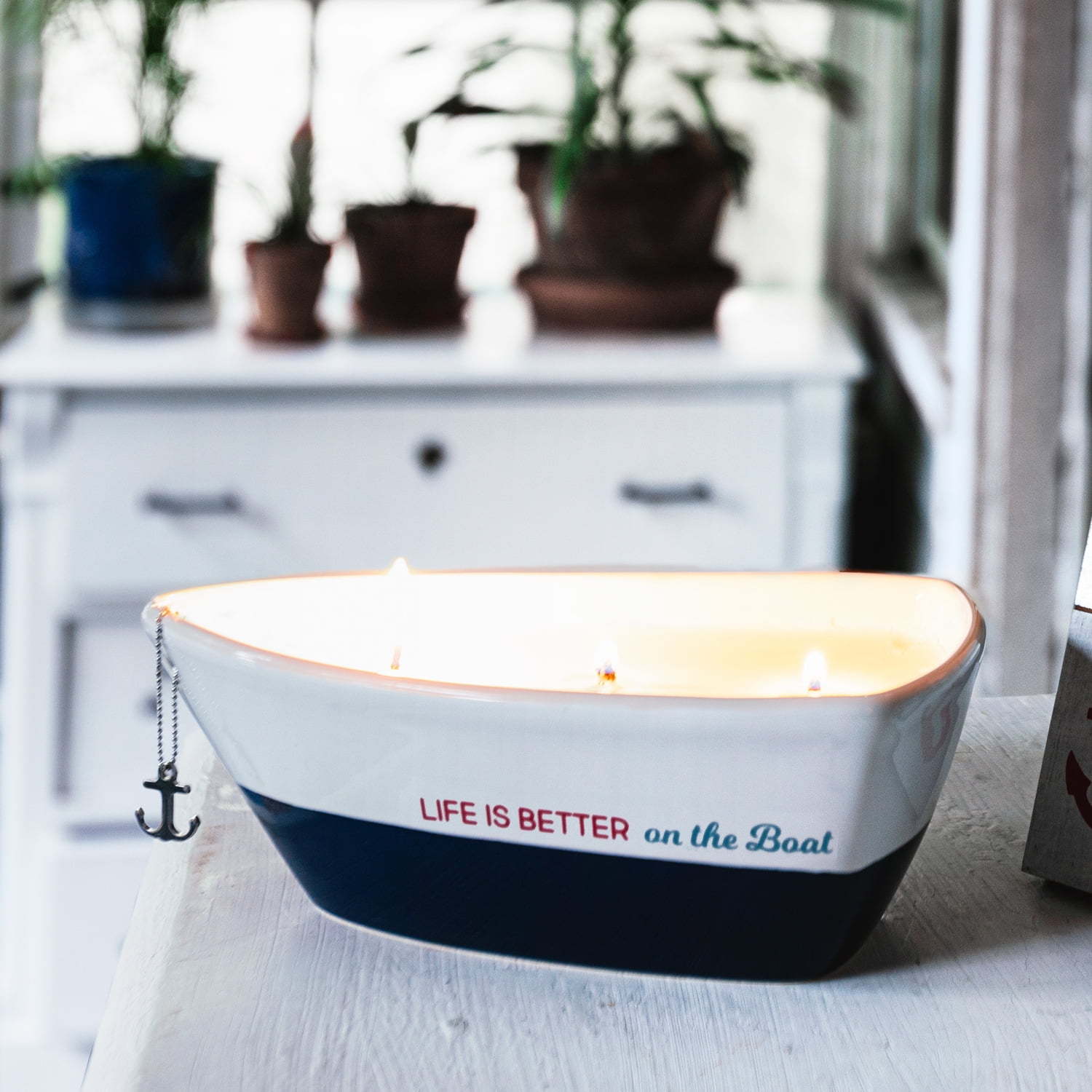 Pavilion Gift Company Triple Wick Candle in Ceramic Boat Dish, 10 Oz, 4"W x 2.75"H, Blue