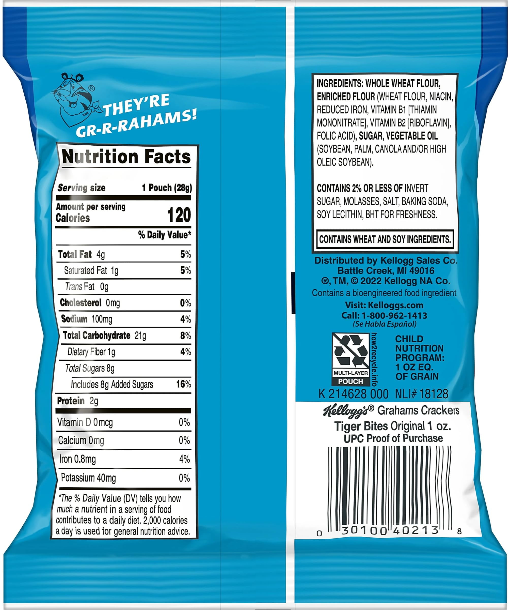 Kellogg's Tiger Bites, Original Graham Crackers, 1 oz (Pack of 30) with By The Cup Bag Clip