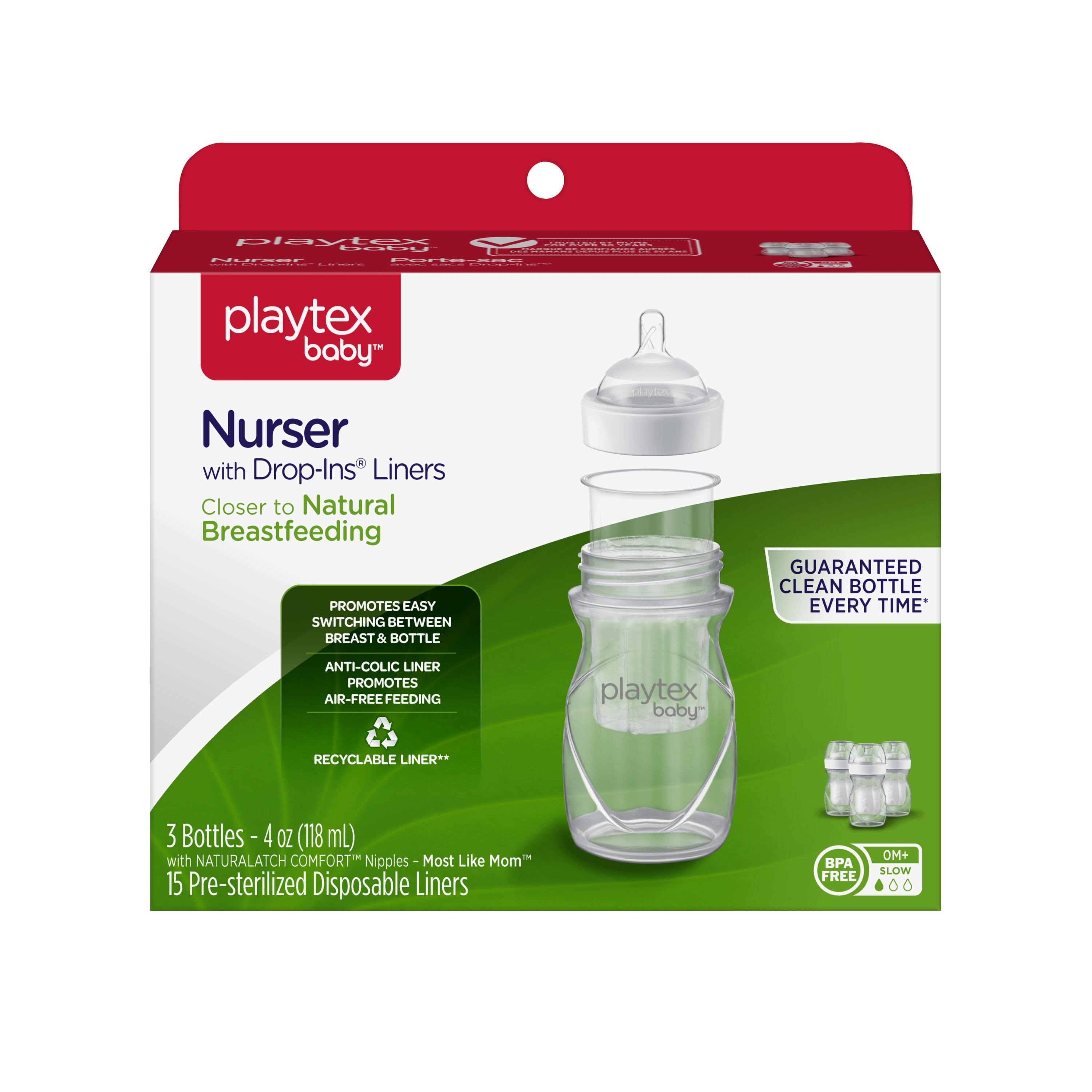 Playtex Baby Nurser with Drop-Ins Liners Baby Bottles, 4 Oz, 3 Pk