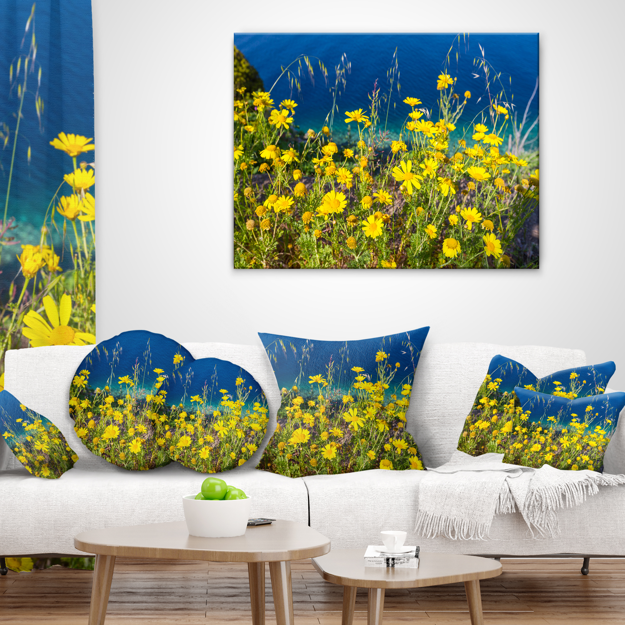 Designart Wild Yellow Flowers over Sea Coast - Flower Throw Pillow - 18x18