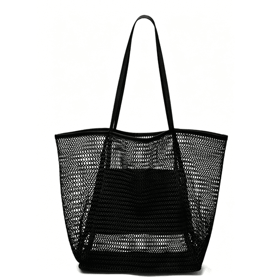 Mesh Tote Bag Lightweight Shoulder Bag Casual Daily Handbag Large Capacity Beach Bag for Women Travel Shopping(Black)