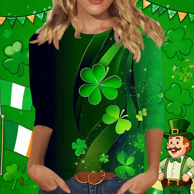 Xuyuer Womens 3/4 Sleeve St. Patrick's Day T-Shirts Crew Neck Spring Graphic Tee Tops Cute Tunic Tops Basic Tees Blouses Business Work Tee Top Merry and Bright Graphic Tee Tops