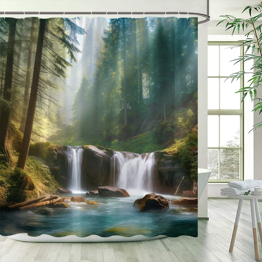 Fog Forest Landscape Shower Curtains Mountain Waterfall Spring Nature