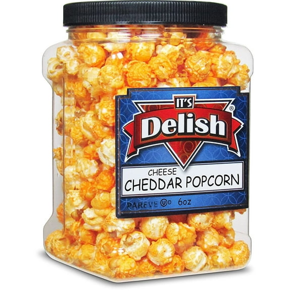 Gourmet Cheddar Cheese Popcorn by It's Delish, 6 Oz Jumbo-Sized Reusable Container Jar  Festive Caramel Corn Air Popped Sweet and Crunchy Glazed Carmel Corn Snack, Movie Night, Parties, Events -...