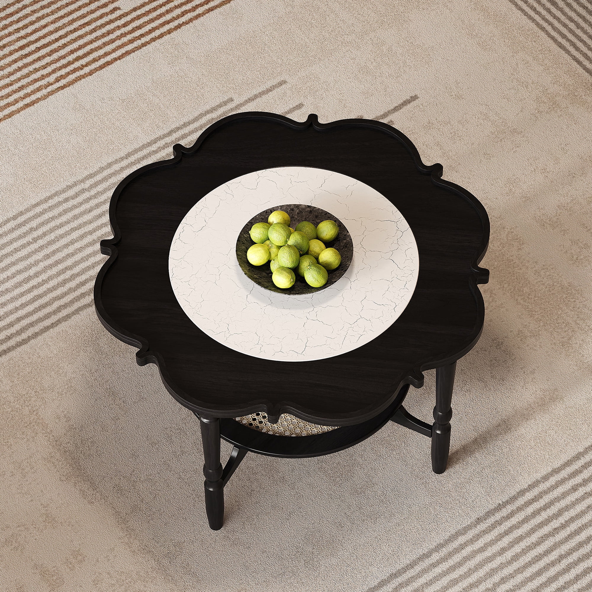 GARITIN Petal Shape Coffee Table 31.5 Inch, 2 Tiered Coffee Table with White Crackle Pattern Glass and Rattan for Living Room, Black