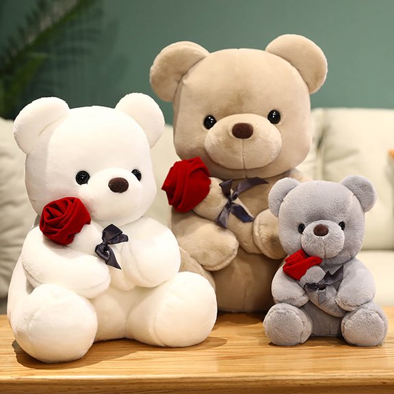 Yhmxh 9.1" Teddy Bear with Rose, Soft Plush Bear Doll Stuffed Animal Toys - Cute Teddy Bear Plush Toy with Rose, Valentines Day Decor Gifts for Her/Girlfriend Boyfriend Wife Lover Mom Kids (White)