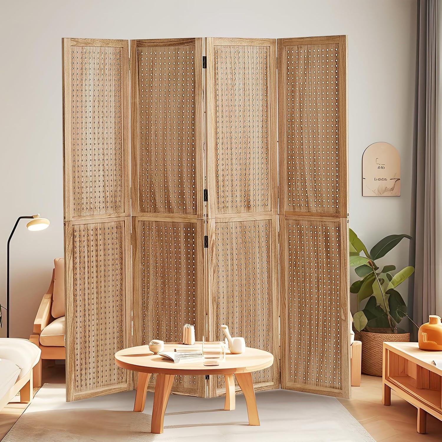4 Panel Wooden Room Dividers, 5.6FT High Plug-in Folding Screen Made of Natural Wood, Pegboard Display for Bedroom and Shopping Malls and Jewelry Stores, Light Brown