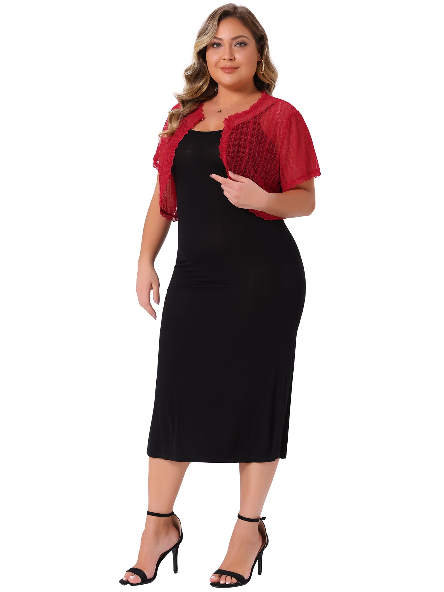 DARING DIVA Plus Size Lace Shrugs Sheer Short Sleeve Bolero Tops 2X Red
