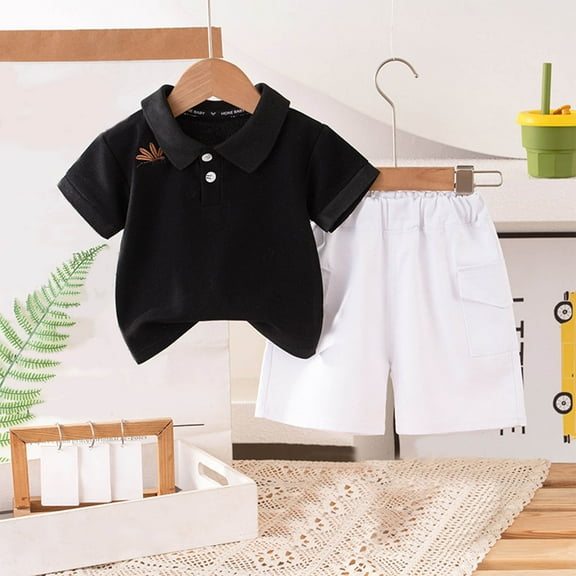 Eltusu Boys Athletic Outfit Sets, Cotton Short Sleeve Casual T-Shirts and Shorts Sets Black Size 4 T