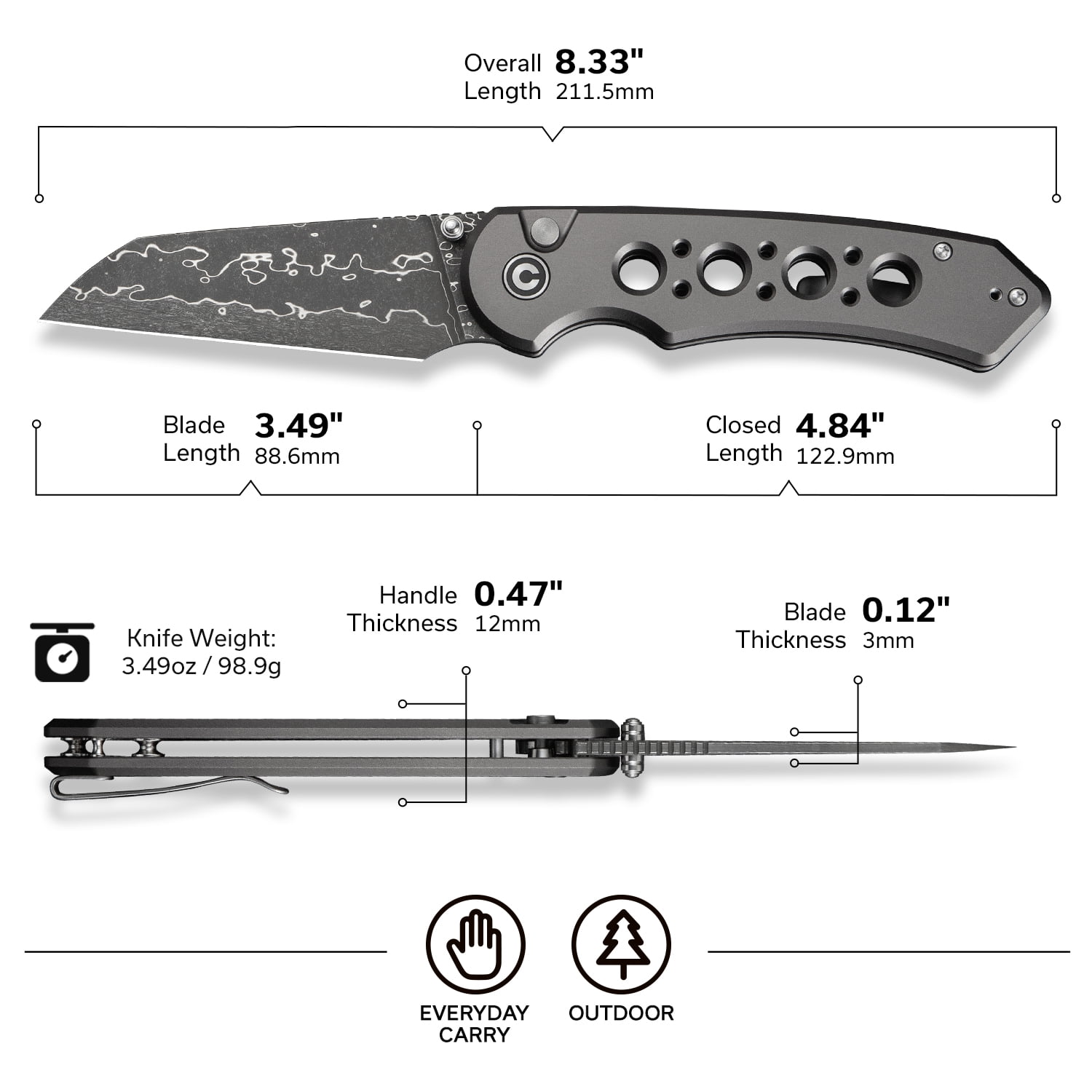 CIVIVI Pragma Prime Pocket Folding Knife with 3.49" Damascus Blade C24067-DS1