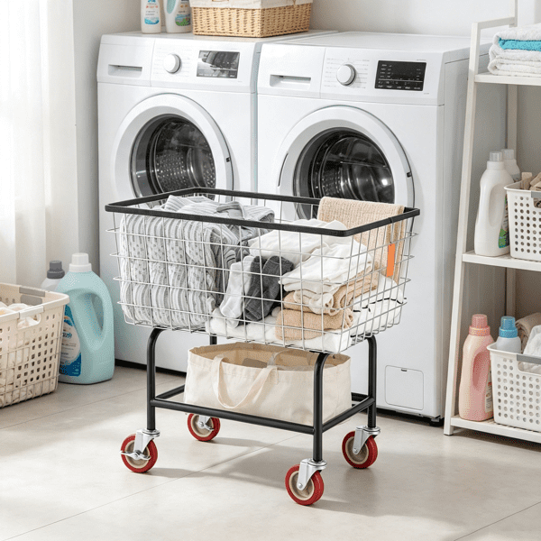 Wire Laundry Cart, 2.8 Bushel Wire Laundry Basket with Wheels, 26.7" x 21.7" x 26.4" Commercial Grade