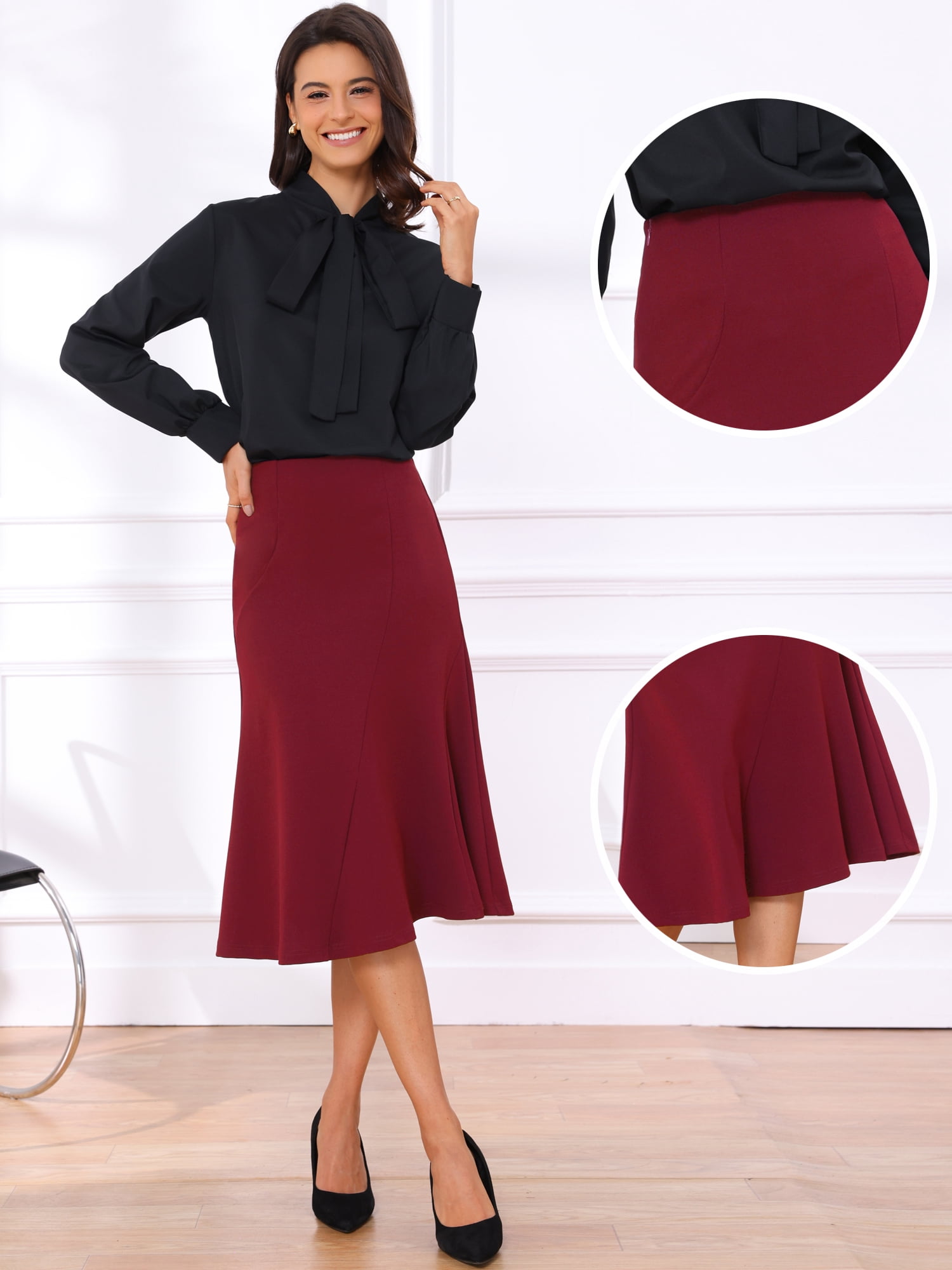 DARING DIVA Women's High Waisted Business Fishtail Midi Skirt Small Red