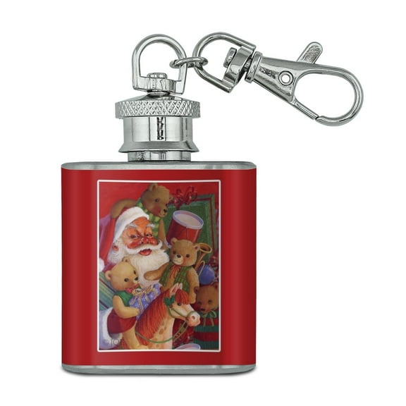 Christmas Holiday Santa Teddy Bears Toys Stainless Steel 1oz Mini Flask Key Chain