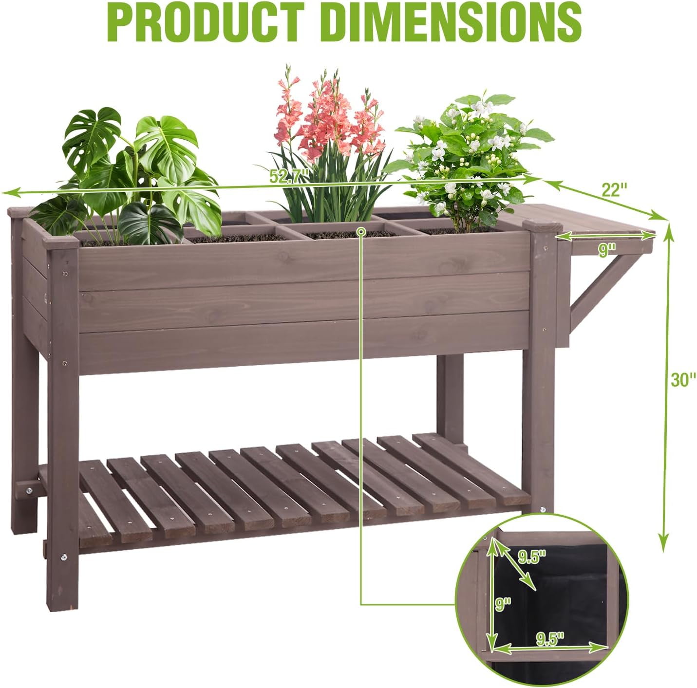 MEDEHOO Elevated Wooden Planter Box with Locking Casters - 52.7" L x 22" W x 30" H Raised Garden Bed, Removable Liner & 230lb Weight Capacity for Outdoor Plants
