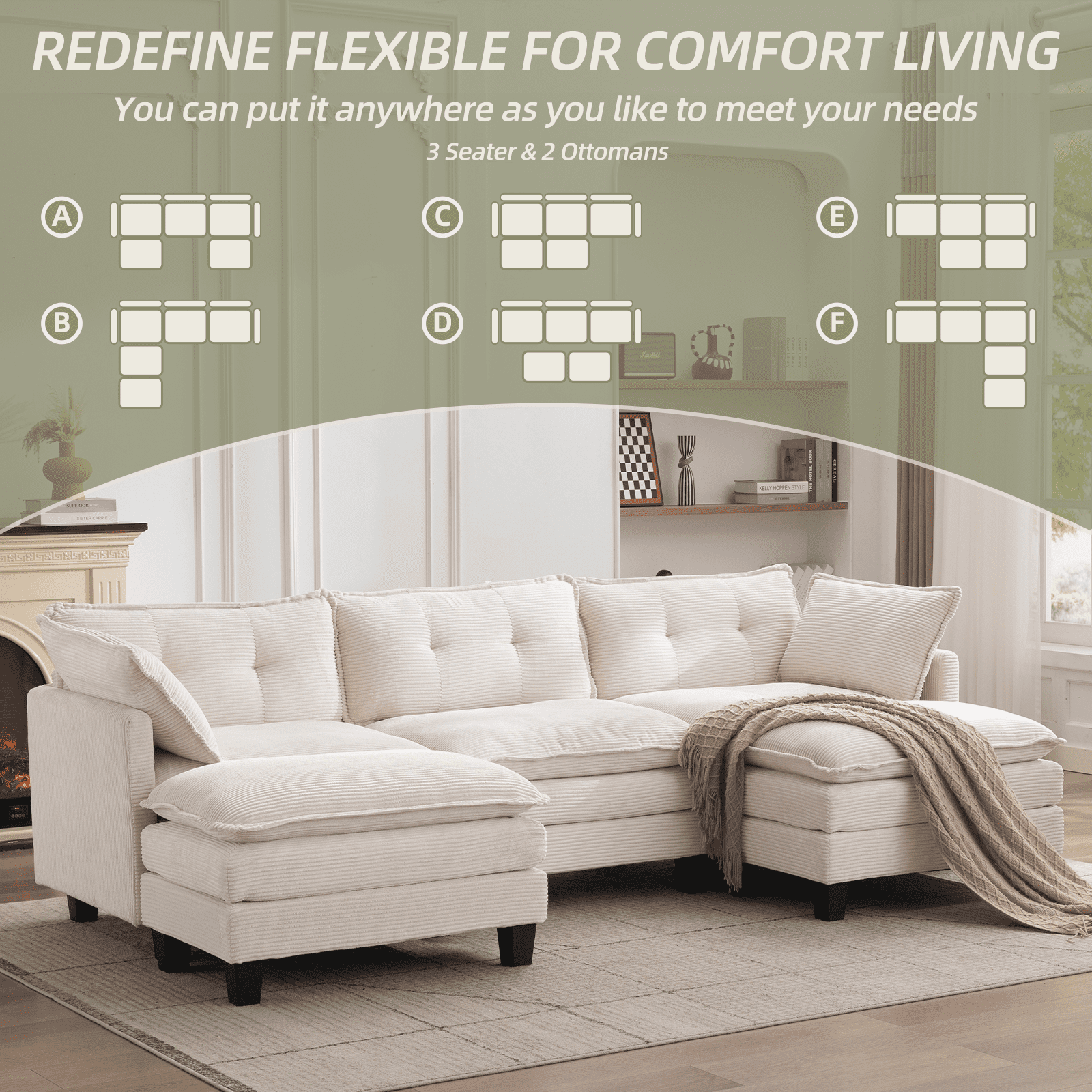 AIKEMING 112" U-Shaped Cloud Couch, Oversized Modular Sectional Sofa with 3-Seater Comfy Couch and 2 Movable Ottomans for Living Room, Beige