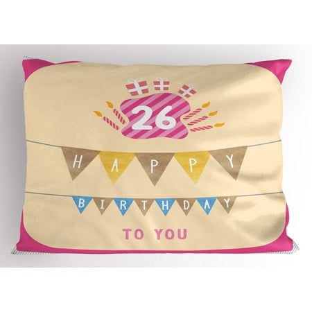 26th Birthday Pillow Sham Anniversary Flag with Best Wishes Message Life Modern Design Print, Decorative Standard Size Printed Pillowcase, 26 X 20 Inches, Peach and Hot Pink, by