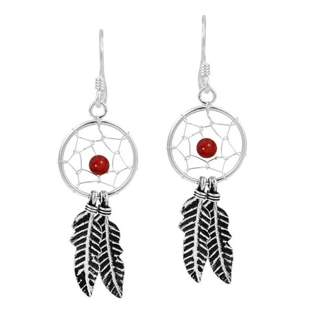 Coral Sterling Silver Dangle Bead - Double Feather Synthetic Coral Bead Sterling Silver Dangle Earrings