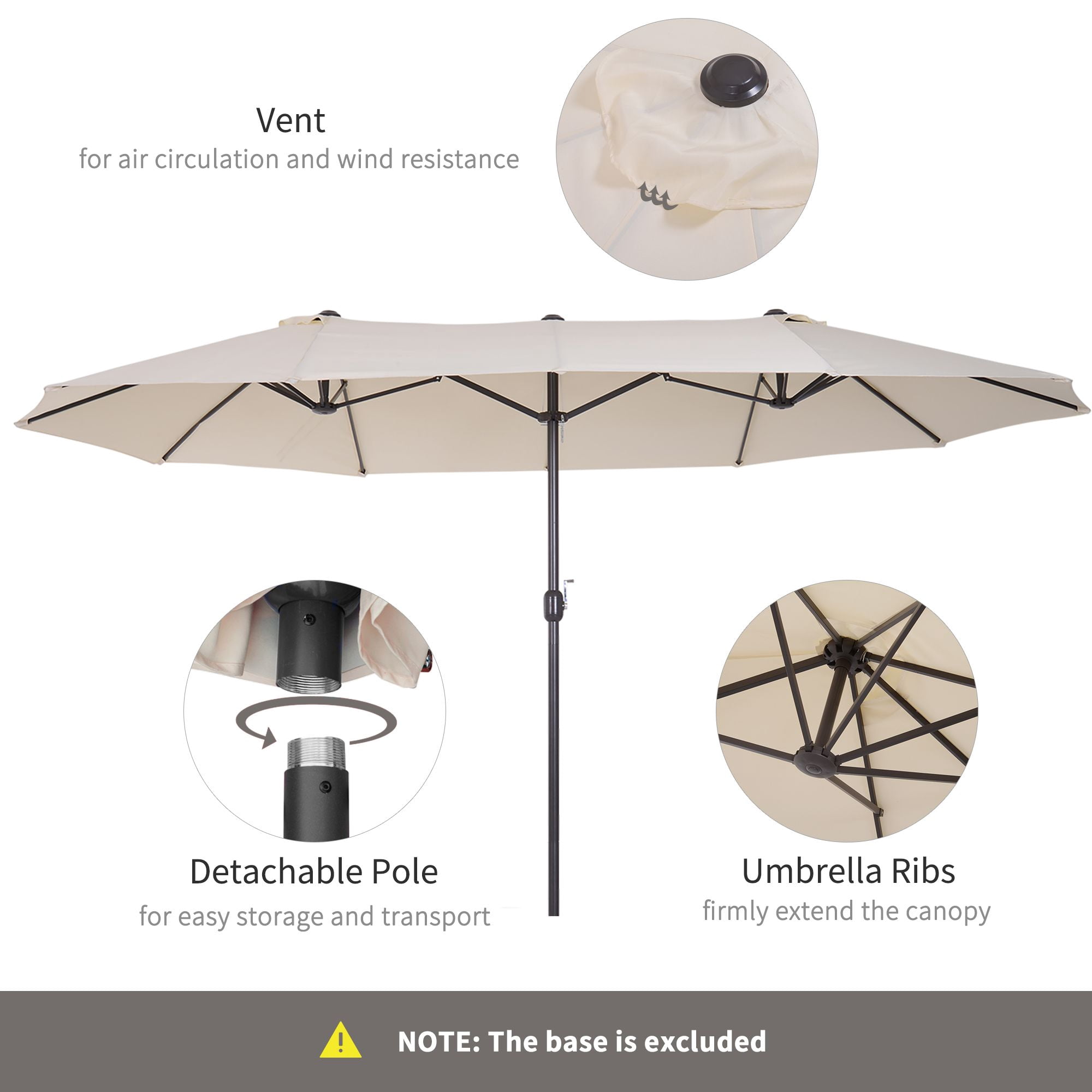 Outsunny 15ft Double-Sided Patio Umbrella, Extra Large Cream White Market Parasol with Crank Handle, UV Resistant Polyester & Steel Ribs for Backyard, Deck, Pool, and Garden