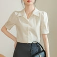 thumbnail image 3 of Women's Button Down Lapel Blouse Tops Short Puff Sleeve Collared Shirts Business Casual Solid Color Tops, 3 of 4