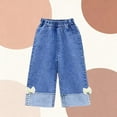 thumbnail image 5 of Girls Wide Leg Jeans Kids to Kids Blue Denim Elastic Waist Cropped Pants with Floral Bow Applique Soft Stretchy Play Pants,Size 3-4 T, 5 of 5