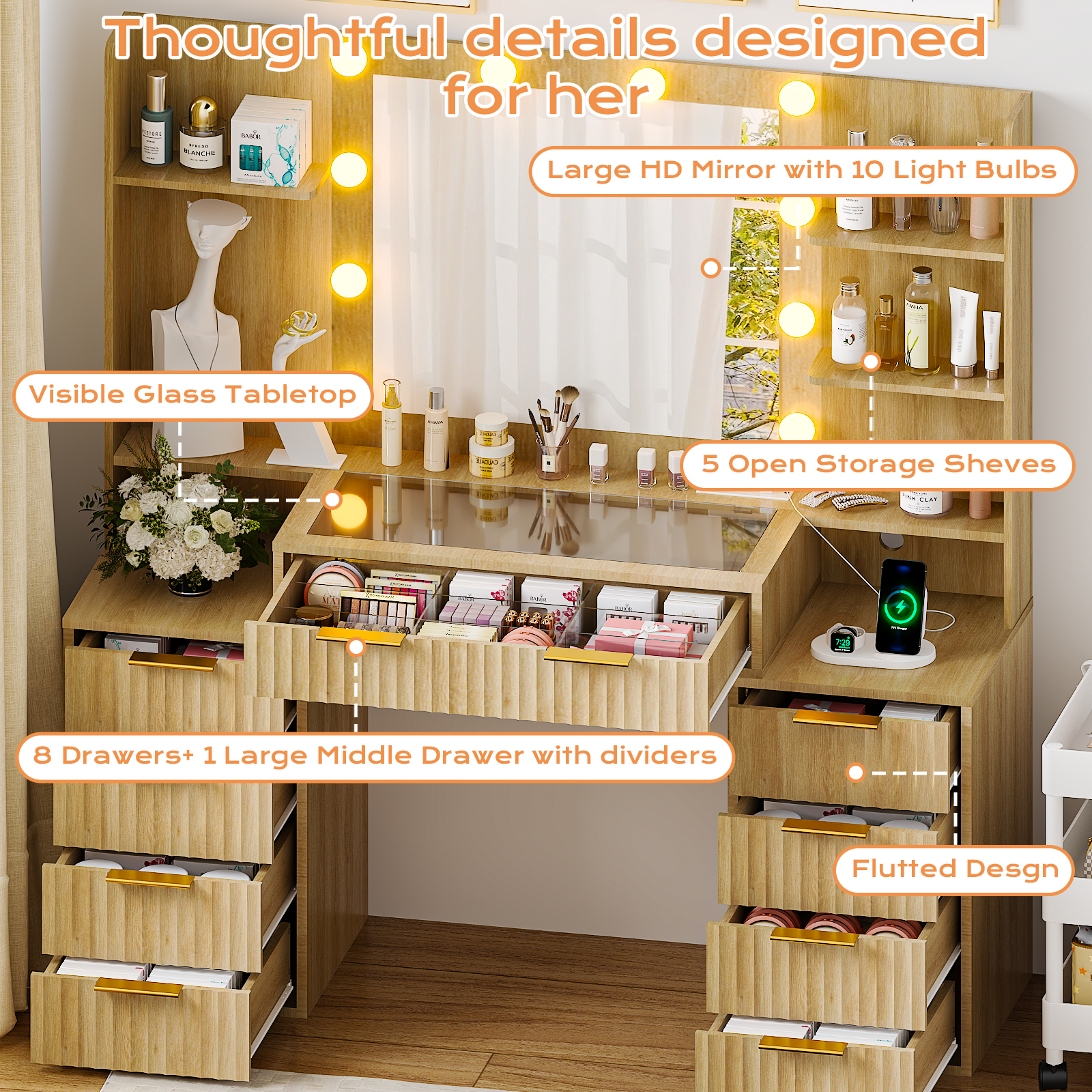 Ktaxon Large Makeup Vanity with 9 Drawers, Flutted Vanity Table Set with Lighted Mirror, Get Ready with Me, Wood Color
