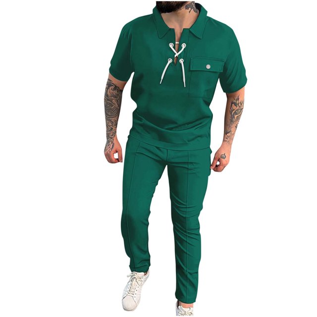 Conjunto Corto de Hombres 2 Piezas Trajes de Moda Color Sólido Manga Corta Turndown Collar Conjunto, Traje de Ocio con Cordón de Bolsillo