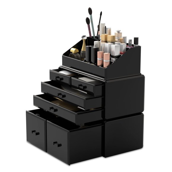 READAEER Organisateur de Maquillage 3 Pcs Étui de Rangement Cosmétique avec 6 Tiroirs (Noir)