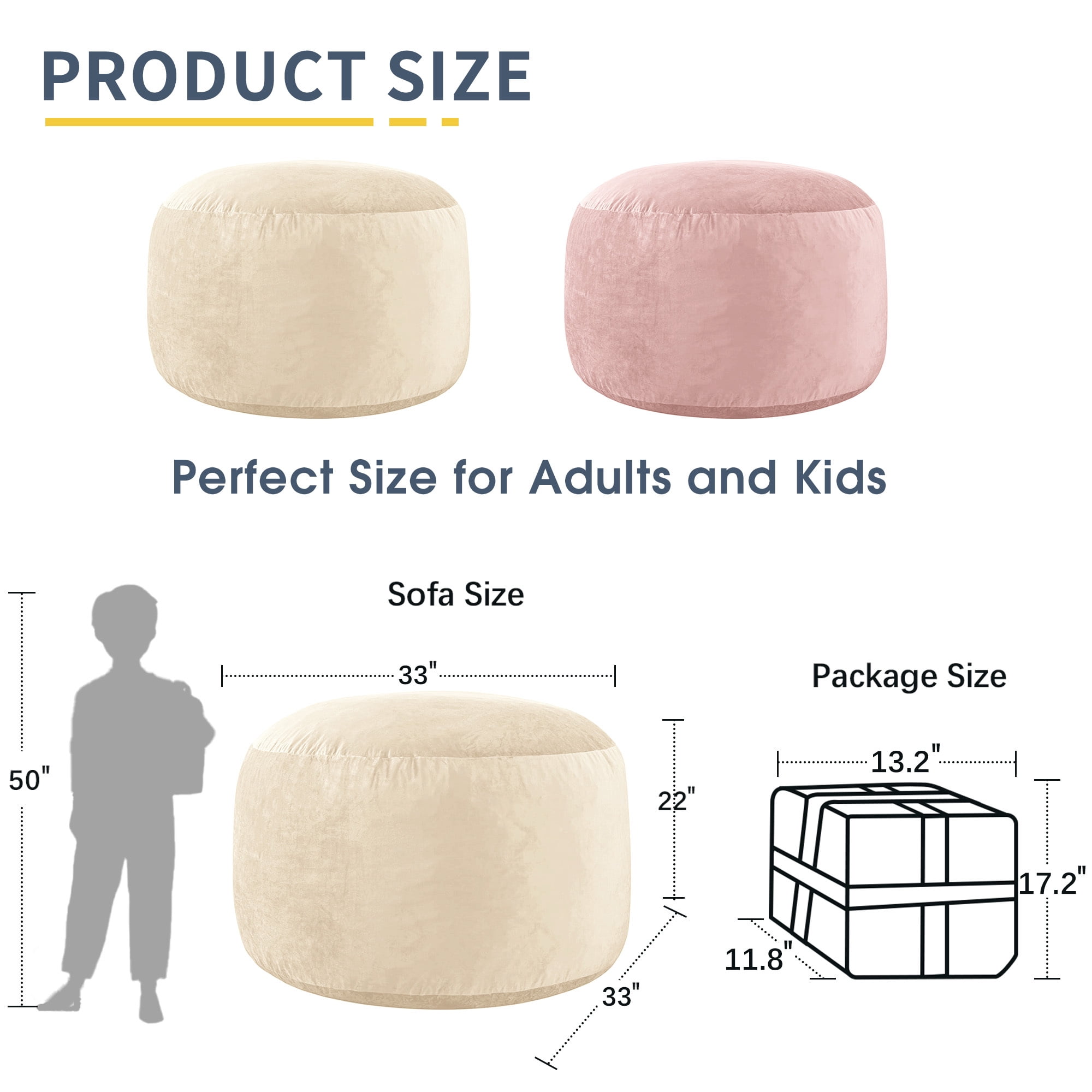 XIECUVA Bean Bag Chair Stuffed with Foam For Adults，Folding Beanbag Chairs Lounge Sofa Bed，Medium Size Memory Foam Mattress，3 ft