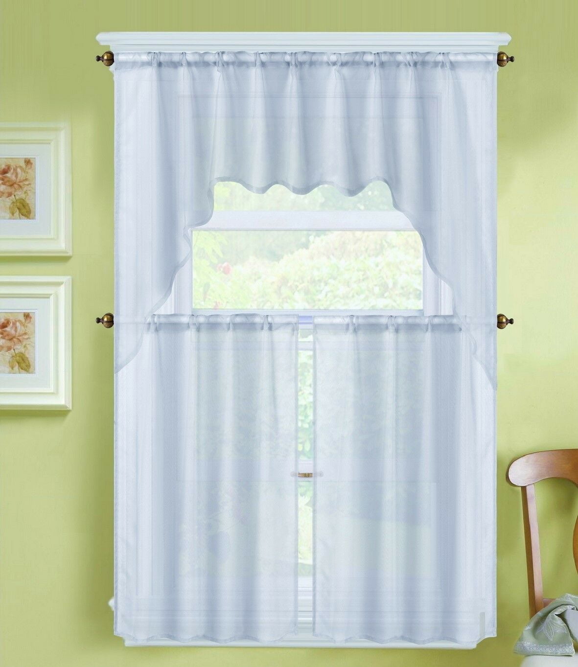 3PC VOILE SHEER KITCHEN WINDOW CURTAIN TREATMENT 2 TIERS AND 1 SWAG VALANCE K66 