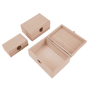 3Pcs Unfinished Wood Treasure Chest Decorative Pine Wood Box with Hinged Lid and Locking Clasp Plain Decorate Wooden Boxes for Art Hobbies DIY Jewelry Gift Storage