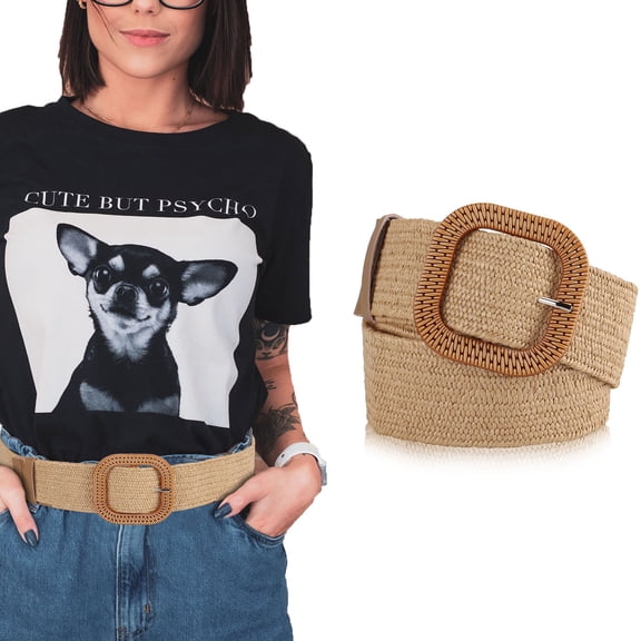 Luxtrada Straw Woven Waist Belt, Elastic Retro Stretching Waistband for Women Dresses, Square Khaki