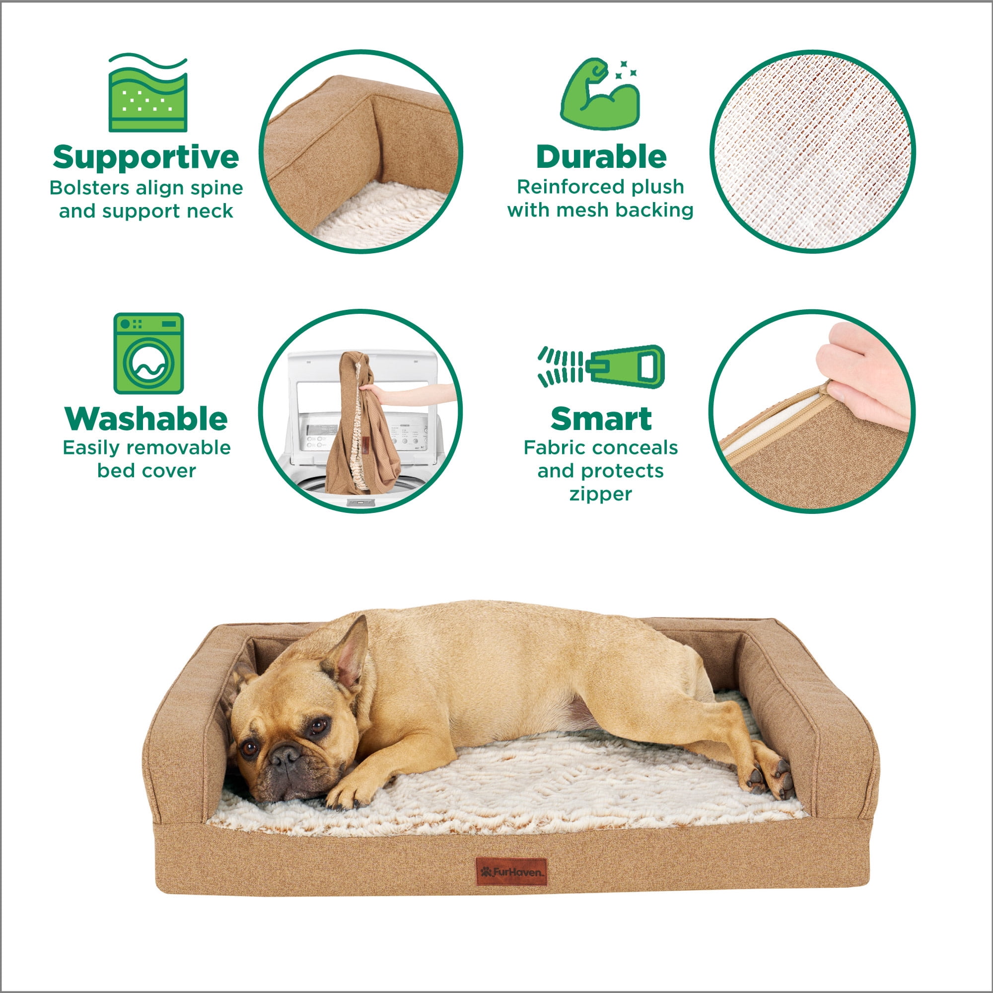 FurHaven Jumbo (32"x40") Orthopedic Dog Bed – Birch Faux Fur & Soft Faux Linen Modern Sofa Pet Bed, CertiPUR-US Foam, Removable Washable Cover, Nutmeg