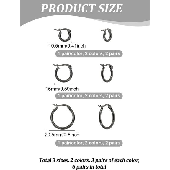 6Pairs 3Sizes Titanium Steel Hoop Earrings Set Ring Hoop Earrings Lightweight Tiny Hoop Earrings for Jewelry Gift Earring Supplies Black & Stainless Steel Color