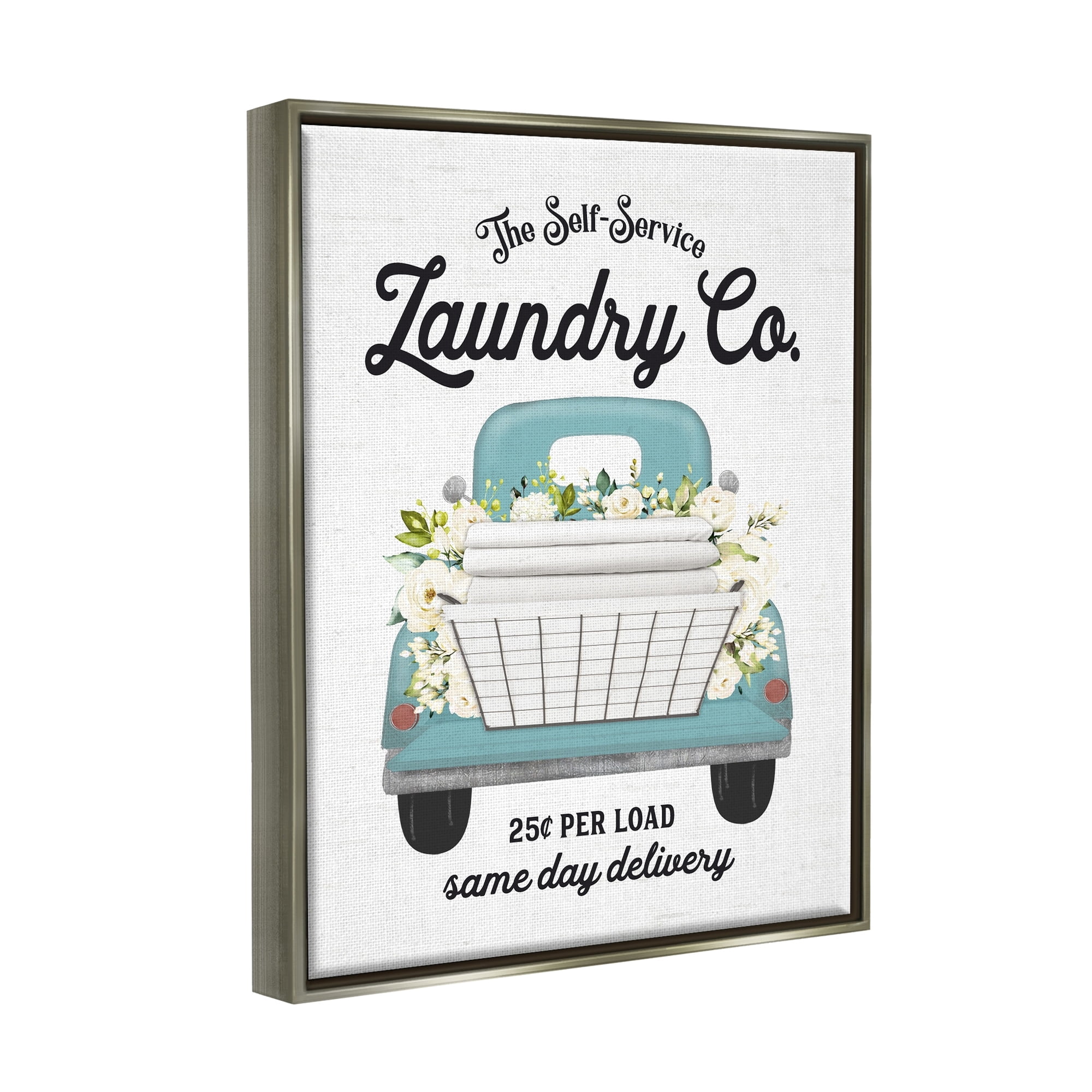 Stupell Industries Self Service Laundry Co. Antique Truck Flower Arrangement Graphic Art Luster Gray Floating Framed Canvas Print Wall Art, Design by Lettered and Lined