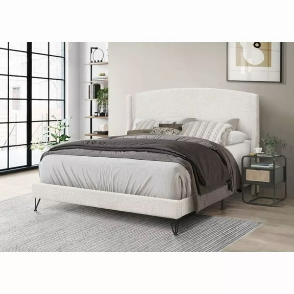 Boucle Upholstered Eastern King Platform Bed Frame, Wing Back Headboard, Beige