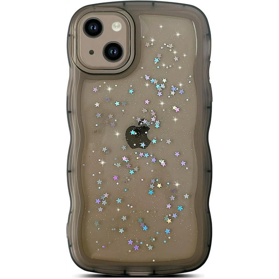 for iPhone 14 Plus Case 6.7" Curly Wave Edge Design Transparent Bling Glitter Star Shiny Case Cute Clear Transparent Full Protection Soft TPU Shockproof Phone Cover for Women Girls,Black