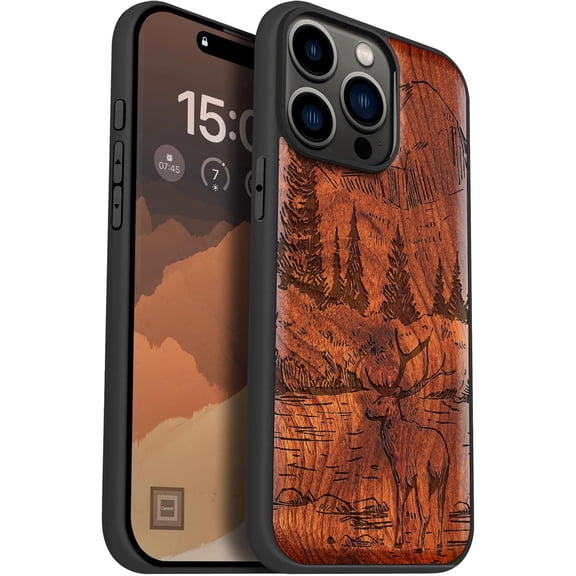 Case for iPhone 15 Pro Max Case, Compatible with MagSafe Wireless Chargers, Black Soft TPU Shockproof Cover & Artisan Printed Mountains and Deer, Rosy