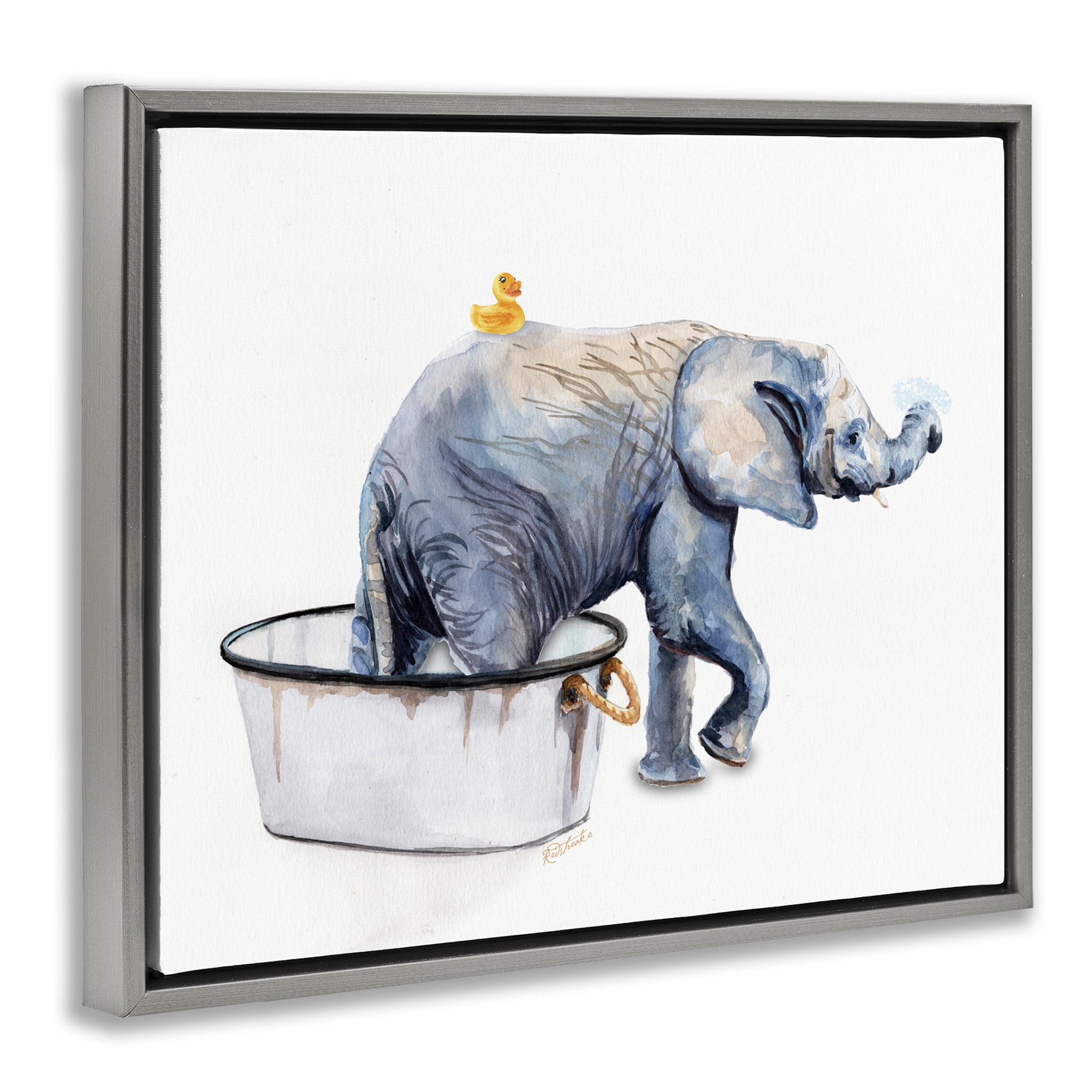 Stupell Industries Elephant & Rubber Duck Bath Animals & Insects Painting Gray Floater Framed Canvas Art Print Wall Art, 31 x 25