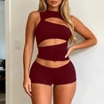thumbnail image 2 of Arlun Women's 2 Piece Outfits Sleeveless Crew Neck Cut out Crop Top Bodycon Shorts Set Y2k Solid Color Stretchy Slim Fitted Summer Matching Sets for Night out Club Party Wear Brick Red S, 2 of 6